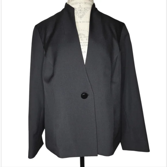 Kasper Women's Black High Neck Collarless Blazer Jacket Cuffable Sleeve Size 16W - Picture 1 of 9